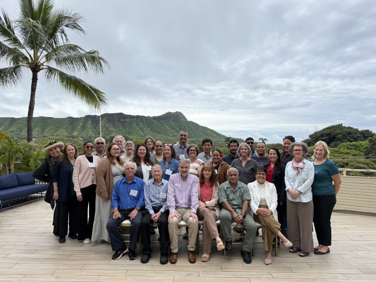 Conference attendees (~30 people) pose on a wooden deck in Hawaii, with green mountains and a palm tree behind them. Arranged in three rows, most wear name tags and casual-to-business attire — including one Hawaiian shirt. Captures a professional gathering in a tropical setting.